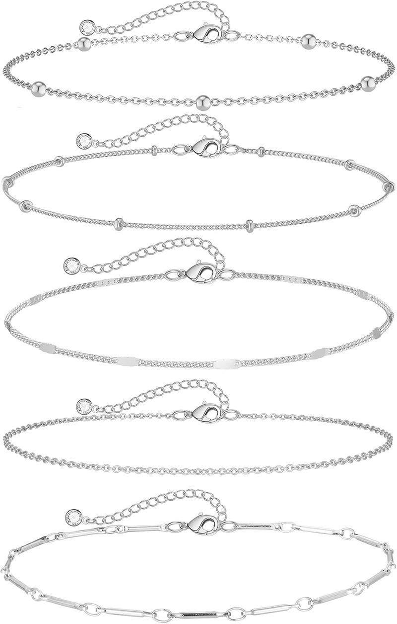 Rotnso Anklets for Women 14K Gold Silver Plated Ankle Bracelets Trendy Waterproof Boho Anklets Set Adjustable Dainty Cute Diamond Beaded Heart Non Tarnish Summer Beach Jewelry Gift - Image 1